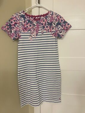 Joules White and Blue Striped Dress with Pink Floral Yoke